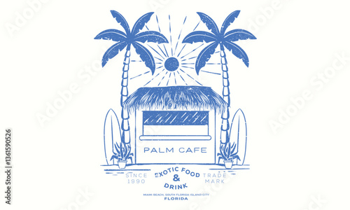 Beach eco cafe artwork. Summer vibes artwork. Sunshine paradise graphic print design. Surf club design. Beach modern abstract art.