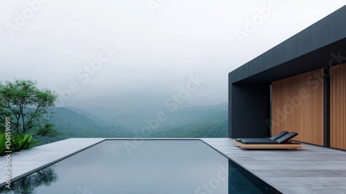 nature and technology, rainwater collection system, Tranquil Modern Landscape with Pool Overlooking Misty Nature and Mountainous Scenery