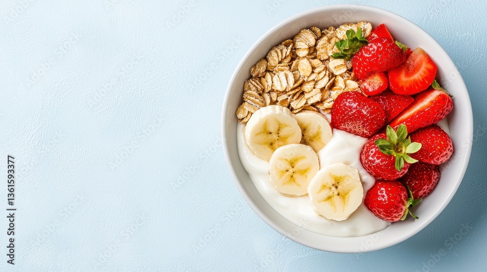 A healthy and delicious breakfast bowl features creamy yogurt topped with rolled oats, fresh strawberries and banana slices on a light blue background. A healthy and delicious breakfast bowl features creamy yogurt topped with rolled oats, fresh strawberries and banana slices on a light blue background.