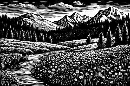 Idyllic mountain landscape black and white sketch in the Alps with blooming meadows in springtime