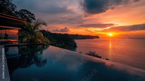 Luxurious sunset view over shimmering pool in a modern villa on a tranquil evening