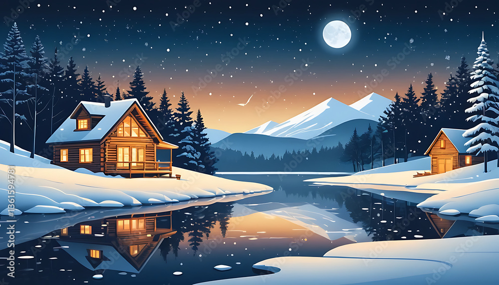 Naklejka premium vector Illustration of a winter landscape night with snawfall and glowing light