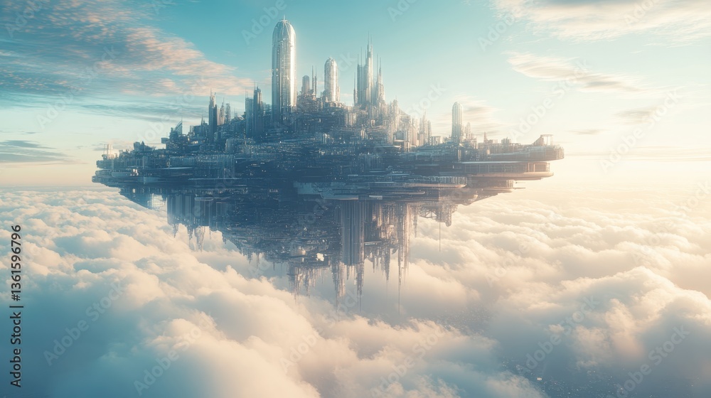 Mysterious city rises above clouds during golden hour with towering skyscrapers and soft sunlight illuminating the skyline Mysterious city rises above clouds during golden hour with towering skyscrapers and soft sunlight illuminating the skyline