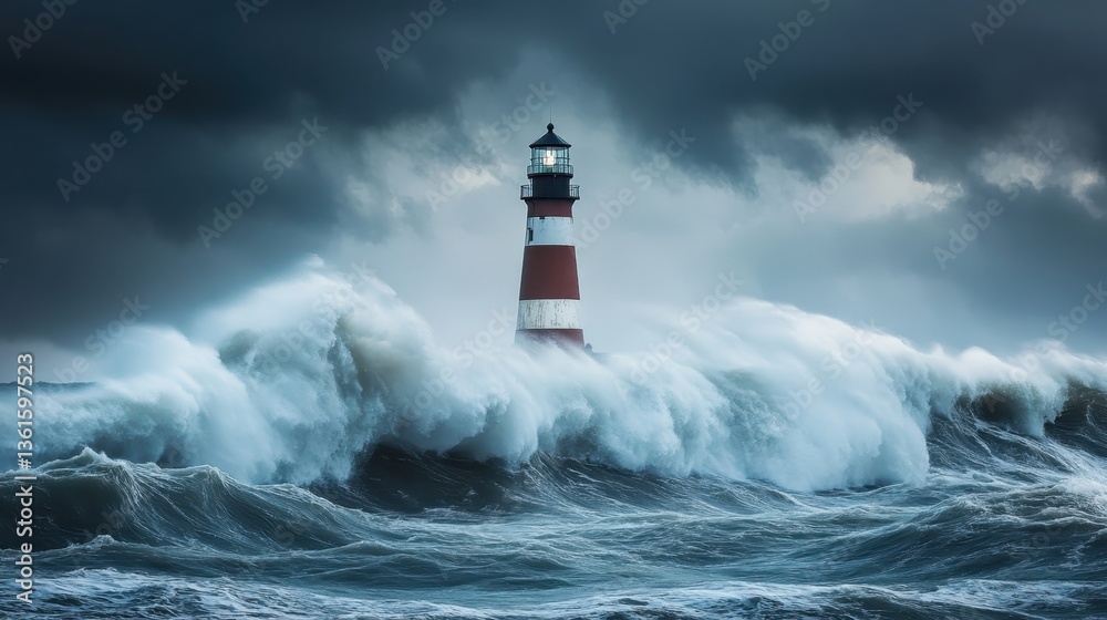 Stormy waves crash against a lighthouse during a dramatic weather event at sea Stormy waves crash against a lighthouse during a dramatic weather event at sea