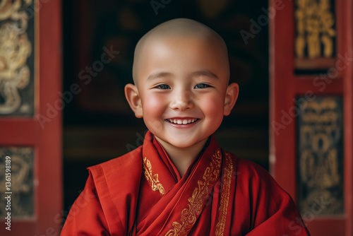 Little happy boy Buddhist monk in traditional red clothes. Bald boy Tibetan monk smiling, close-up portrait. 
