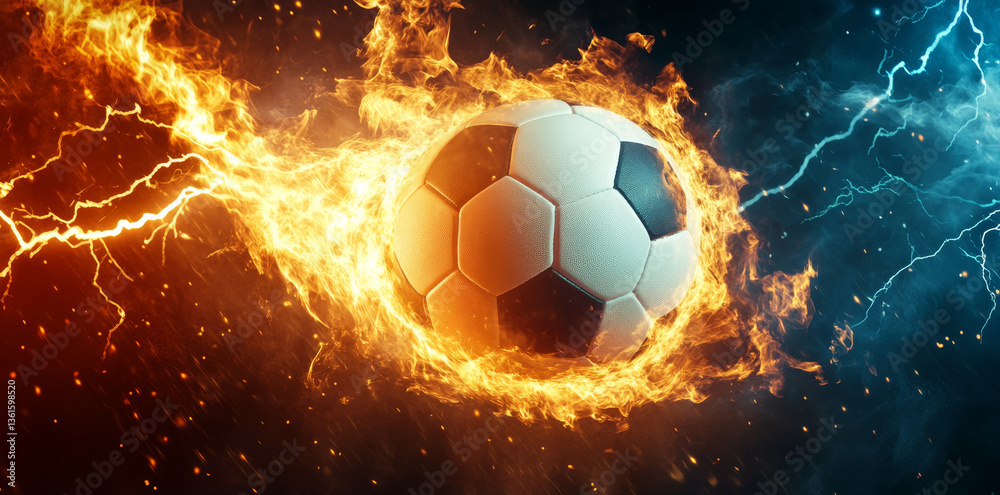Fototapeta premium Soccer ball engulfed in fire and lightning energy