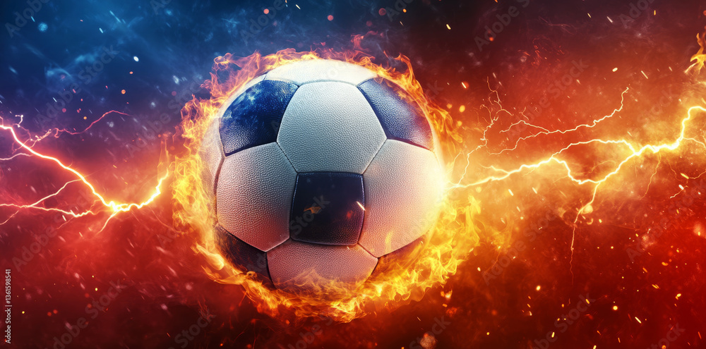 Naklejka premium Soccer ball engulfed in fire and lightning