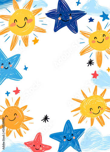 Playful suns and stars smiling on white background