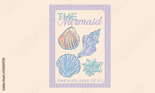 The mermaid design. Sound of the sea. Seashell vintage artwork. Summer vibes artwork. Seashell line drawing. 