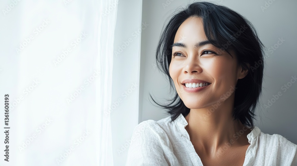 Warm Smile of a Beautiful Woman in Soft Light, Radiating Joy and Serenity Warm Smile of a Beautiful Woman in Soft Light, Radiating Joy and Serenity