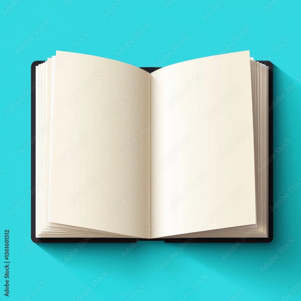 An open blank book on a vibrant teal background for creative designs and projects. An open blank book on a vibrant teal background for creative designs and projects.