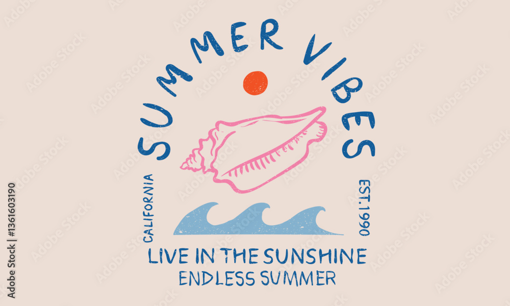 Obraz premium Beach wave. Seashell retro artwork. Summer vibes artwork. Seashell line drawing. Live in the sunshine.