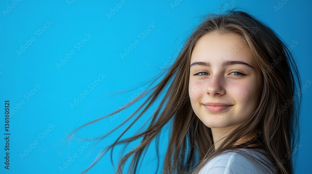 Fototapeta premium Cheerful long-haired girl exudes joy, vibrant energy radiates in a creative moment.