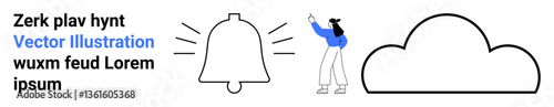 Bell ringing with sound waves, a cloud shape, person pointing ideal for notifications, cloud storage, online collaboration, internet services, user interaction cues, messaging apps, simple landing