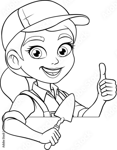 A woman female bricklayer holding a mortar trowel tool builder construction cartoon character mascot.