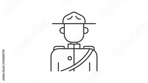 Royal Canadian mounted police line animation. Rider in traditional uniform animated icon. Officer on duty. Black illustration on white background. HD video with alpha channel. Motion graphic