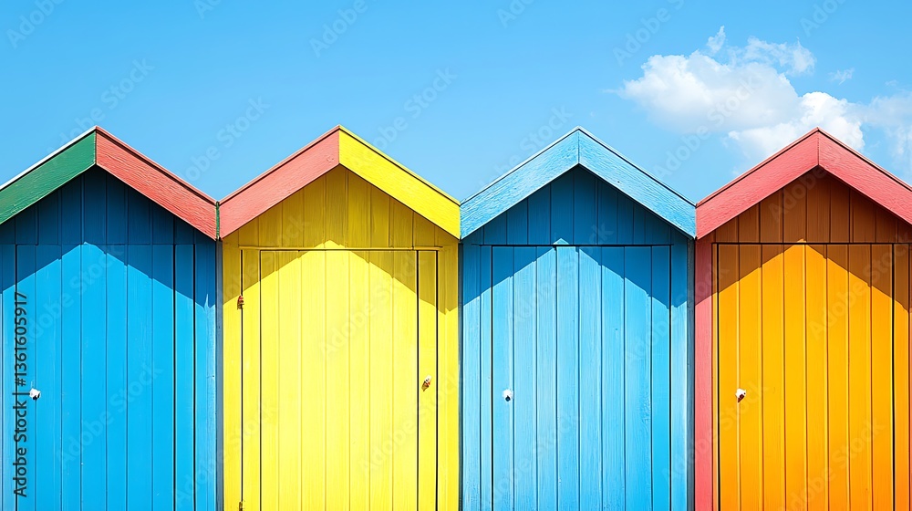 Fototapeta premium Colorful beach huts under a blue sky.
