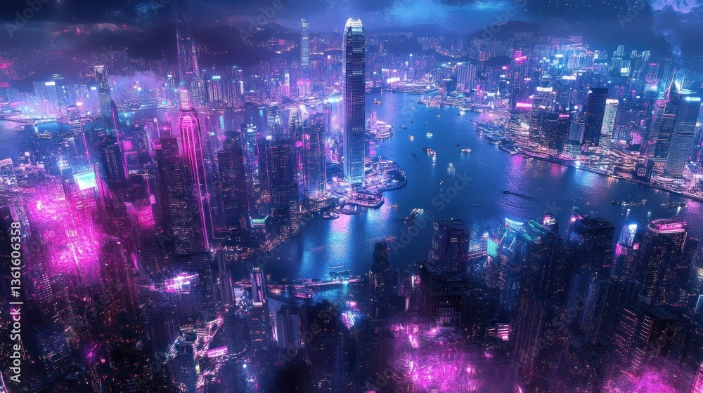 Fototapeta premium Spectacular nighttime aerial cityscape illuminated with vibrant neon lights