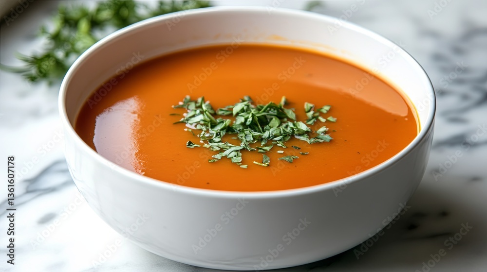 A glowing bowl of vegetable soup styled with freshly chopped herbs on a marble table. background A glowing bowl of vegetable soup styled with freshly chopped herbs on a marble table. background