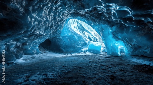 Captivating glacial ice cave in Iceland showcasing glowing blue ice formations photo