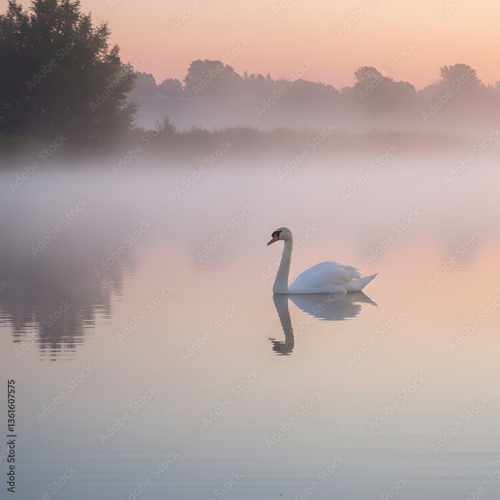 Obraz premium The Graceful Swan on a Misty Lake