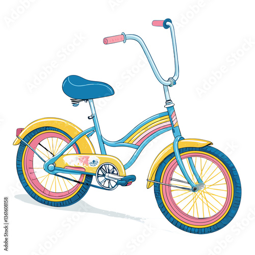Design a groovy 1970s style sticker featuring a vintage bicycle with vibrant colors and psychedelic details, suitable for clip art use.