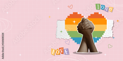 Fist raising a rainbow heart, representing strength and love in pride, vector illustration