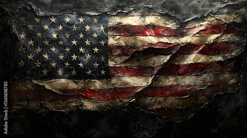 Weathered American flag, dark background, grunge texture