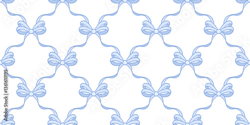 Pastel blue cute ribbon vector pattern background with bows, adorable girly wallpaper design