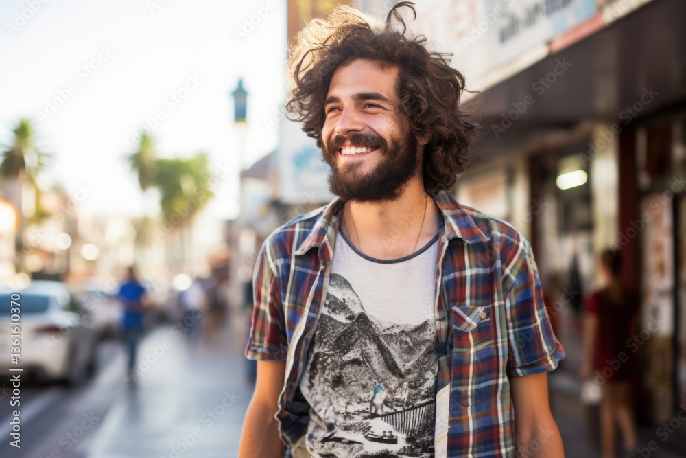 A man with a beard and a plaid shirt is smiling and walking down a street A man with a beard and a plaid shirt is smiling and walking down a street
