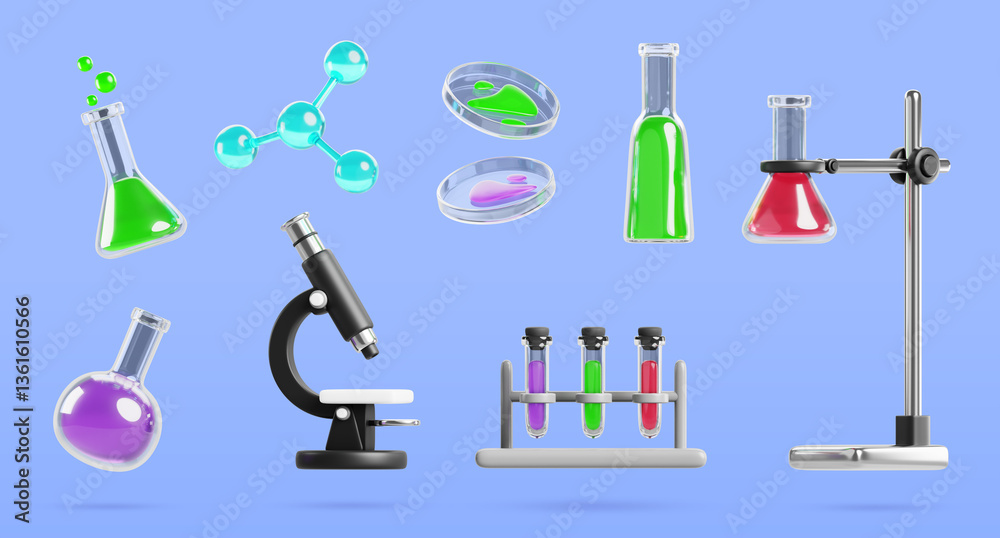 3d chemical lab microscope and flasks set. Isolated laboratory glassware with color liquid substances, glass bottle, test tube rack, holder beaker, water molecule, Cartoon render icon. 3D illustration 3d chemical lab microscope and flasks set. Isolated laboratory glassware with color liquid substances, glass bottle, test tube rack, holder beaker, water molecule, Cartoon render icon. 3D illustration