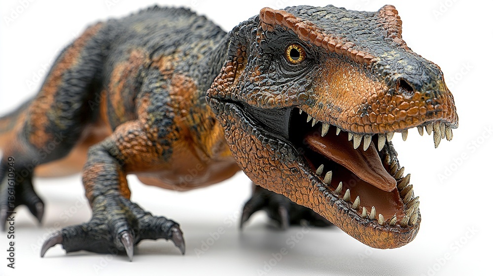 Obraz premium Closeup of a T-Rex figurine with sharp teeth and textured skin, isolated on white, showcasing primal power and intricate detail.