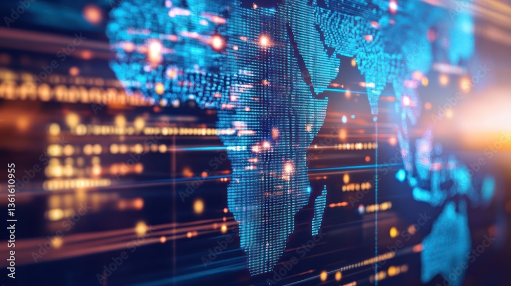 Fototapeta premium Global data network map. Digital world connection. Possible use Stock photo for technology, business, international communication, or digital transformation