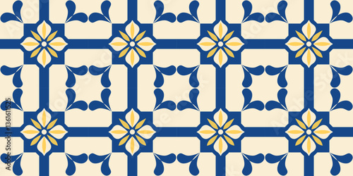 Greek mediterranean geometric floral seamless pattern. Endless tiles border. Portugal, Italian, Moroccan, Turkish, Spanish, Damask background, wallpaper. Blue and yellow ceramic decor. Vector.