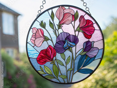 Stained glass oval with butterflies and colorful flowers, nature-inspired art, floral window decor