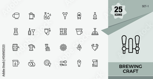Brewing icon set. Contain linear outline icons beer, cafe, brew, beverage, barrel, wine and more. Editable stroke icon collections. Set-1