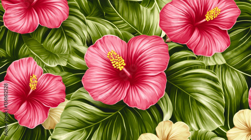Wallpaper Mural Vibrant hibiscus flowers with lush green leaves Torontodigital.ca