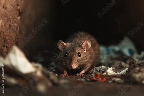 A rat crawling through a garbage pile, its eyes glistening in the darkness, symbolizing the unhygienic and disgusting reality of urban life.