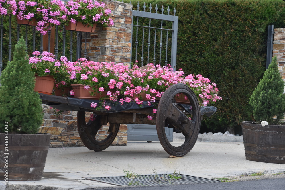 Fototapeta premium Carreta antigua decorada con flores en jardín rústico