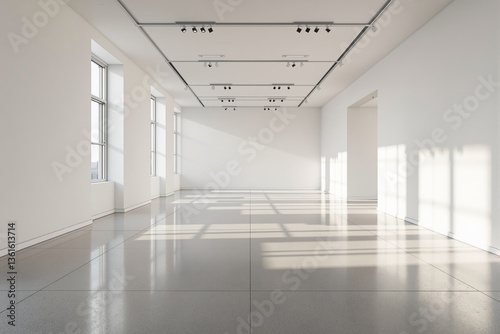 Spacious modern interior of an empty gallery with white walls  large windows  and polished floors  illuminated by natural light. Ai generative