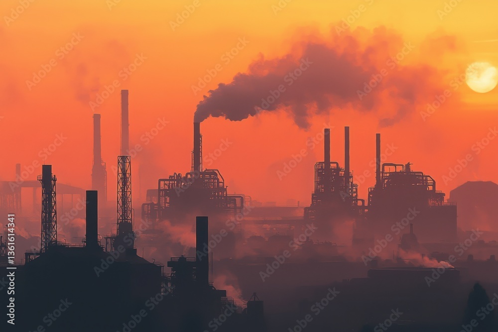 A silhouette of industrial buildings against a vibrant sunset, with smoke billowing from chimneys, illustrating the impact of manufacturing on the environment. A silhouette of industrial buildings against a vibrant sunset, with smoke billowing from chimneys, illustrating the impact of manufacturing on the environment.
