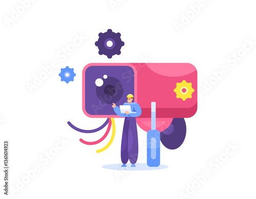 concept of security camera installation and maintenance services. surveillance or spy. installing camera devices to record the situation of a room or place. illustration of a technician with cctv