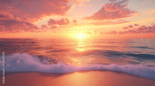 Tranquil sunset over ocean waves and golden sandy beach horizon