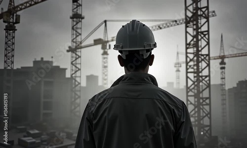 Construction Worker Silhouetted Against Tower Cranes