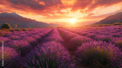 Breathtaking sunset over lavender field with mountainous horizon and vibrant sky