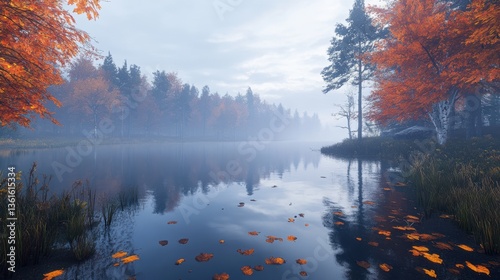 Serene autumn lake with colorful foliage and reflection in misty forest