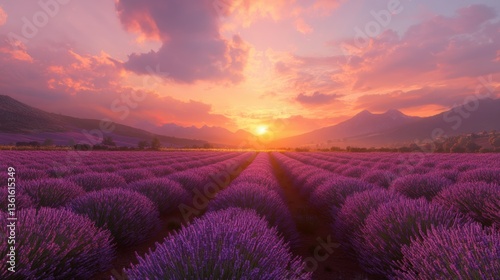 Vibrant lavender fields under a stunning sunset sky with majestic mountains