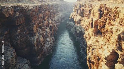 Majestic canyon river flowing through rugged rocky landscape at sunset