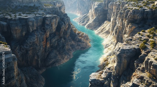Majestic canyon with turquoise river flowing between rugged cliffs under bright sunlight
