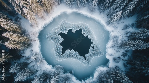 Aerial view of frozen lake surrounded by snow-covered pine trees in winter wonderland